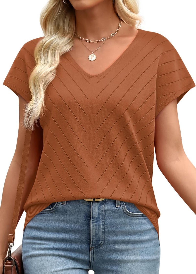 WIHOLL Womens Tops Cap Short Sleeve Sweater Basic Summer Tops V Neck T Shirts Flowy Business Casual Outfits Work 2026 Trendy Travel Holiday Outfits Beach Vacation Clothes Cruise Resort Wear Caramel S - Image 4