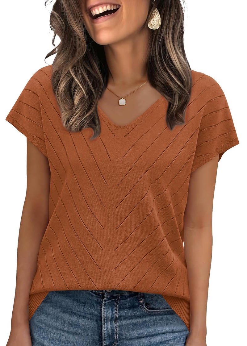 WIHOLL Womens Tops Cap Short Sleeve Sweater Basic Summer Tops V Neck T Shirts Flowy Business Casual Outfits Work 2026 Trendy Travel Holiday Outfits Beach Vacation Clothes Cruise Resort Wear Caramel S - Image 1
