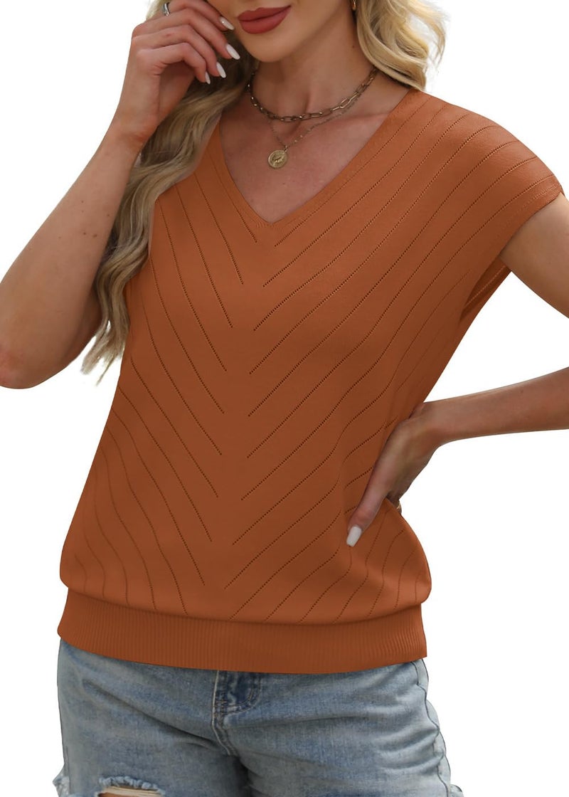 WIHOLL Womens Tops Cap Short Sleeve Sweater Basic Summer Tops V Neck T Shirts Flowy Business Casual Outfits Work 2026 Trendy Travel Holiday Outfits Beach Vacation Clothes Cruise Resort Wear Caramel S - Image 3