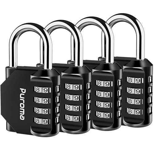 Puroma 4 Pack Combination Lock for Locker 4 Digit Outdoor Waterproof Padlock for School Gym Sports Fence Toolbox Gate Case Outdoor Hasp Storage Cabinets Black