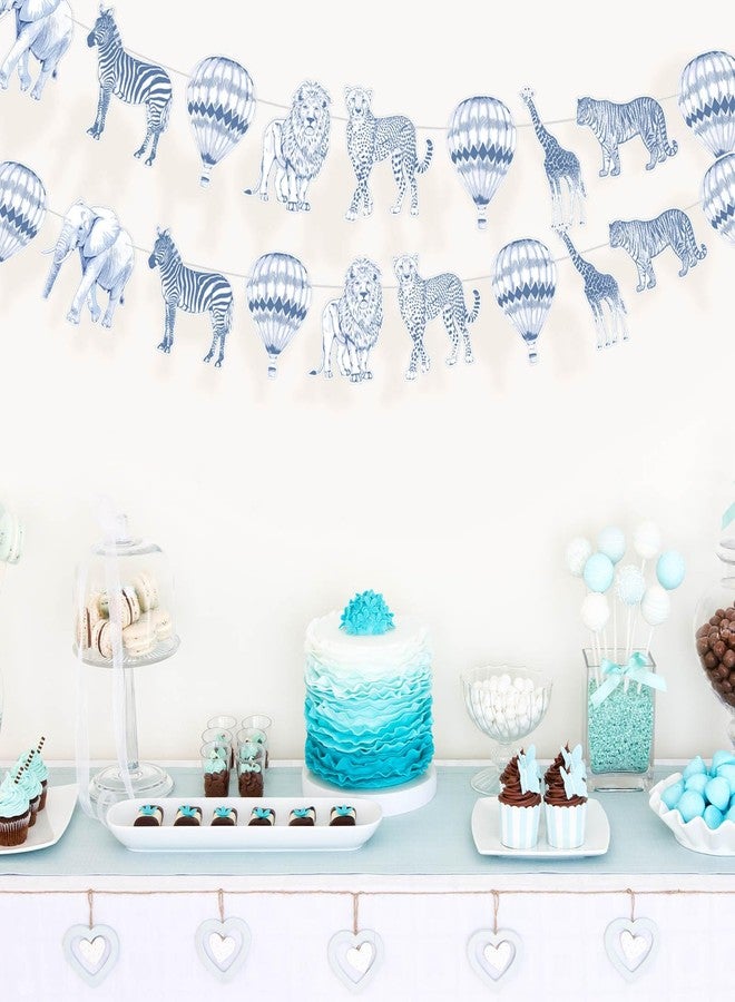 YooNotee 2 Pack Blue Toile De Decoration Dusty Blue Baby Shower Banner Safari Animal Garland 6.56 ft Chinoiserie Baby Shower Party Banner Paper Hanging Party Decor for Birthday Wedding Gender Reveal - Image 5