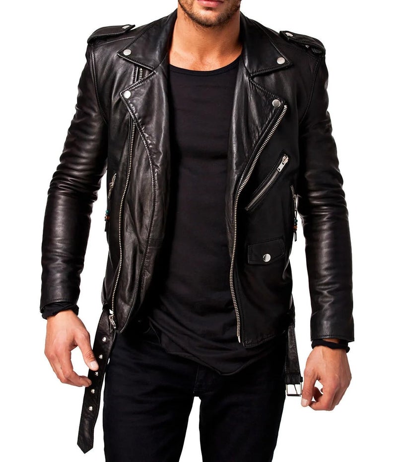 DECIMAL Mens Black REAL Lambskin Leather Biker Jacket VINTAGE GENUINE MOTORCYCLE JACKETS FOR MEN US Alpha Large Regular Regular D BLACK