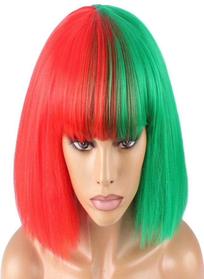 WeKen Fashion Wig Women's Short Bob Kinky Straight Full Bangs Synthetic Hairpieces Red and Green - Image 5