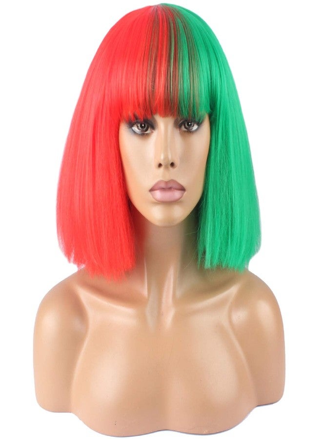 WeKen Fashion Wig Women's Short Bob Kinky Straight Full Bangs Synthetic Hairpieces Red and Green - Image 1