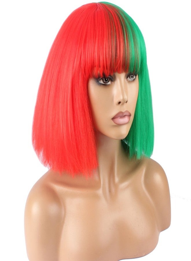 WeKen Fashion Wig Women's Short Bob Kinky Straight Full Bangs Synthetic Hairpieces Red and Green - Image 3
