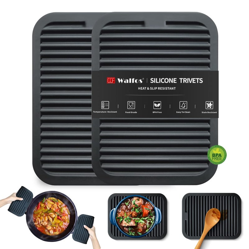 Walfos Trivets for Hot Dishes, Multi-Purpose Silicone Pot Holders, Hot Pads for Kitchen Hot Pots and Pans, Heat Resistant Silicone Mats for Kitchen Countertops, Non-Slip, 2 Pack, Black - Image 1