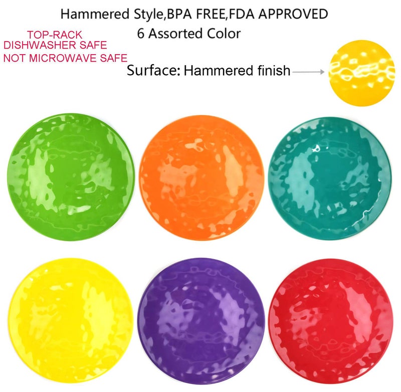 Haimenlite 6-Piece 100% Melamine Dinner/Lunch Plate Set,10inch Round Melamine Salad Plates Picnic Plates for Holiday Home Party,Break-resistant and Lightweight,Hammered Finish,BPA Free (Multi color) - Image 3