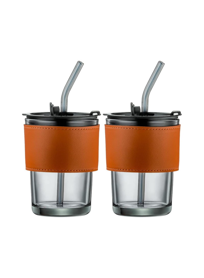 Juosta Glass Tumbler with Straw and Lid, 14 OZ Set of 2 Portable Travel Water Bottle Glass Coffee Cups Smoothie Cups With Leather Protective Sleeve Wide... - Image 1