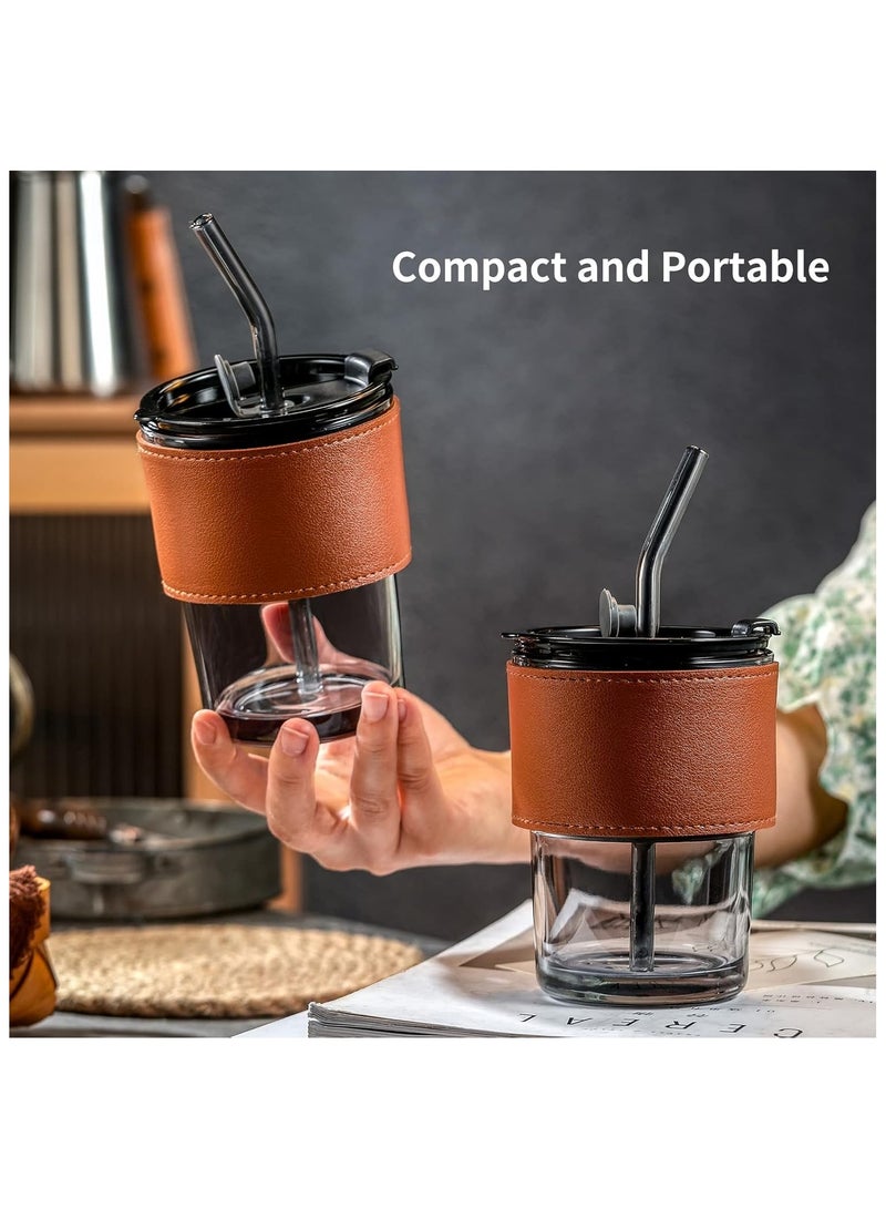 Juosta Glass Tumbler with Straw and Lid, 14 OZ Set of 2 Portable Travel Water Bottle Glass Coffee Cups Smoothie Cups With Leather Protective Sleeve Wide... - Image 5