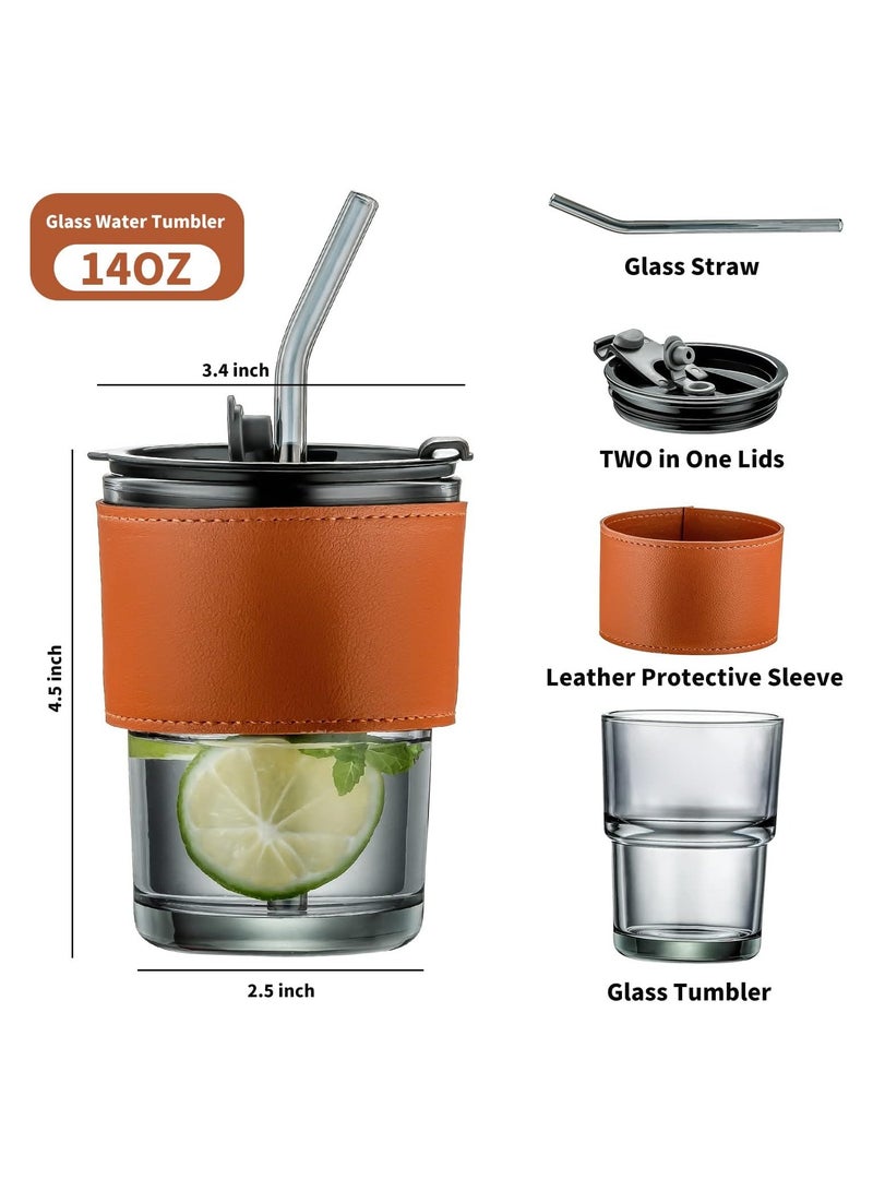 Juosta Glass Tumbler with Straw and Lid, 14 OZ Set of 2 Portable Travel Water Bottle Glass Coffee Cups Smoothie Cups With Leather Protective Sleeve Wide... - Image 4