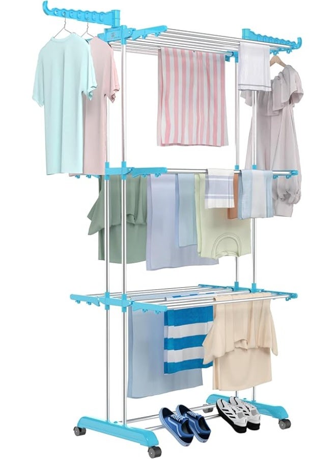 حامل غسيل ثلاثي الطبقات من الفولاذ المقاوم للصدأ، قوي ومتين، مزود بقضيب مزدوج، مثالي لتجفيف الملابس على الشرفة أو في أي مكان داخلي وخارجي. - Image 1