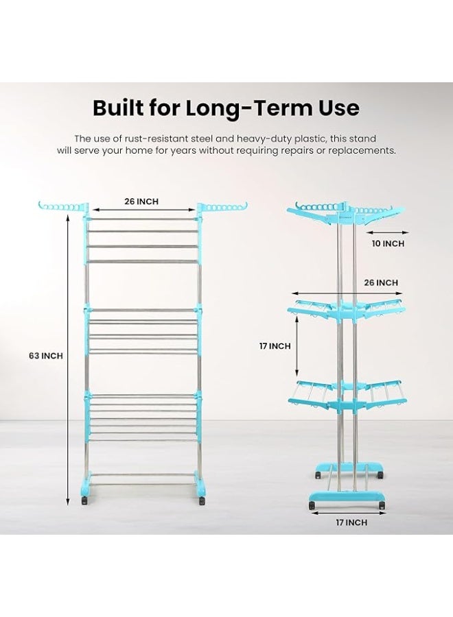 حامل غسيل ثلاثي الطبقات من الفولاذ المقاوم للصدأ، قوي ومتين، مزود بقضيب مزدوج، مثالي لتجفيف الملابس على الشرفة أو في أي مكان داخلي وخارجي. - Image 2