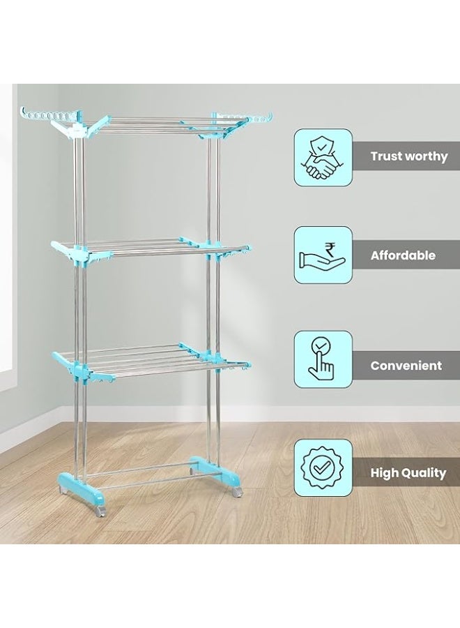 حامل غسيل ثلاثي الطبقات من الفولاذ المقاوم للصدأ، قوي ومتين، مزود بقضيب مزدوج، مثالي لتجفيف الملابس على الشرفة أو في أي مكان داخلي وخارجي. - Image 3