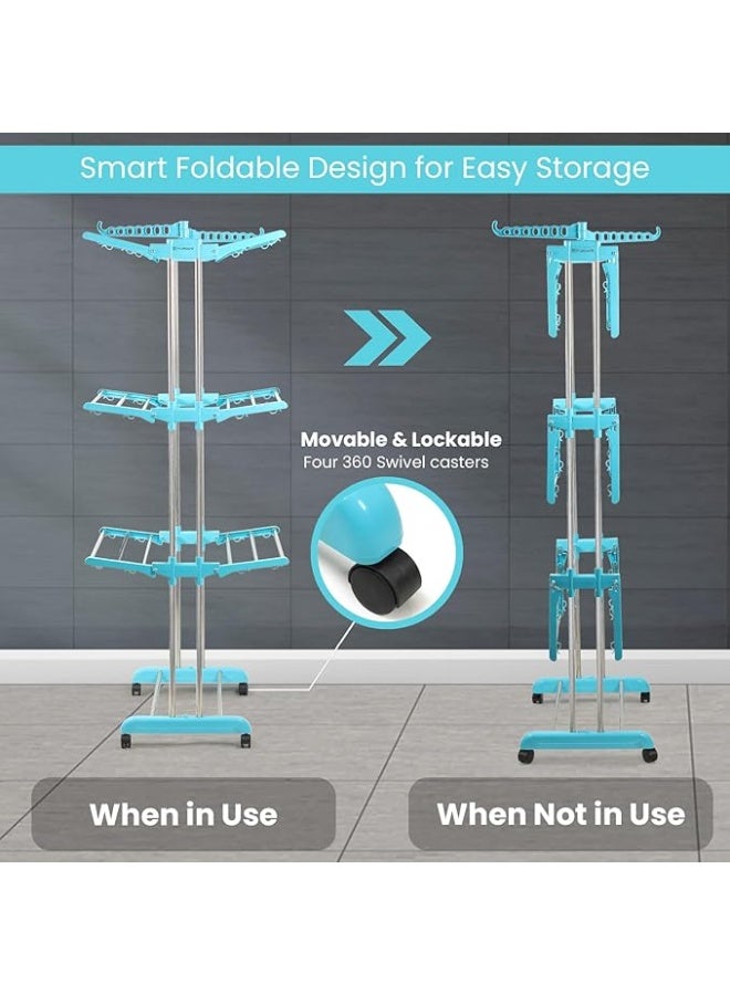 حامل غسيل ثلاثي الطبقات من الفولاذ المقاوم للصدأ، قوي ومتين، مزود بقضيب مزدوج، مثالي لتجفيف الملابس على الشرفة أو في أي مكان داخلي وخارجي. - Image 4