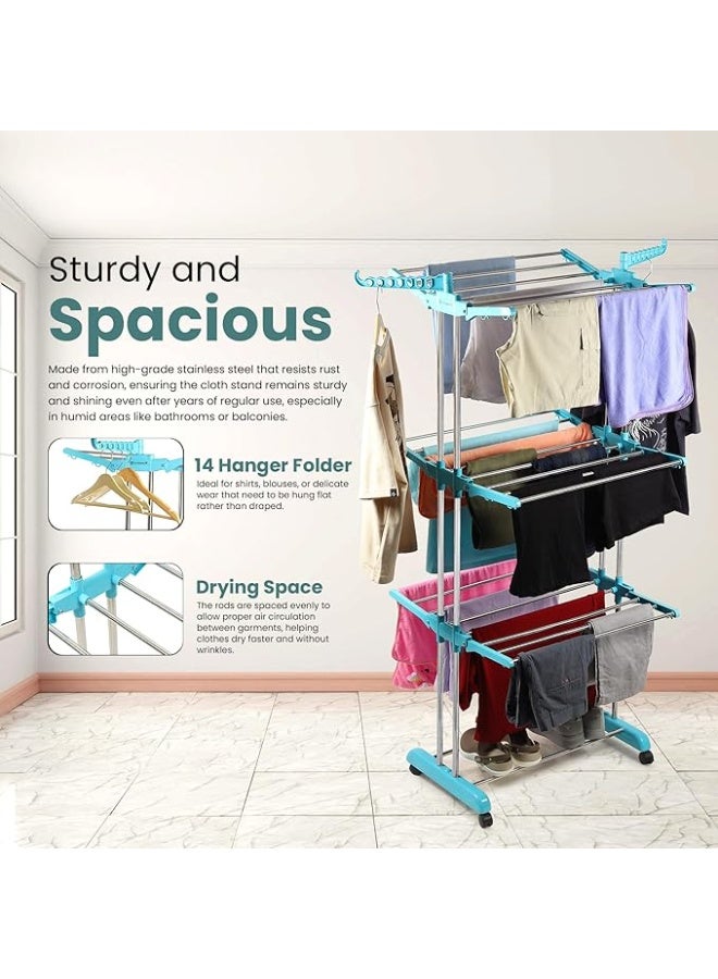 حامل غسيل ثلاثي الطبقات من الفولاذ المقاوم للصدأ، قوي ومتين، مزود بقضيب مزدوج، مثالي لتجفيف الملابس على الشرفة أو في أي مكان داخلي وخارجي. - Image 5