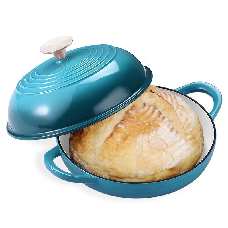 NSIRONS Enameled Round Cast Iron Bread Oven, 6 Qt Cast Iron Dutch Oven for Homemade Sourdough Bread Baking, Bread Dome Pot with Cloche Lid (Blue Green) - Image 1