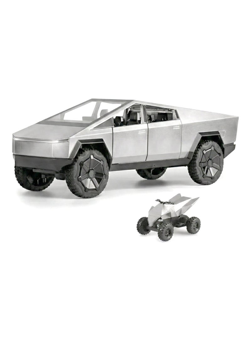 REZZOSS 1:24 Scale Tesla Cybertruck Diecast Metal Model Car Toy with Cyberquad ATV | Pull Back Vehicle with LED Lights & Sound | Collectible Pickup Truck Display | Birthday, Eid, Christmas Gift for Kids & Adults - Image 1