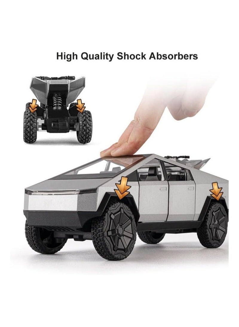 REZZOSS 1:24 Scale Tesla Cybertruck Diecast Metal Model Car Toy with Cyberquad ATV | Pull Back Vehicle with LED Lights & Sound | Collectible Pickup Truck Display | Birthday, Eid, Christmas Gift for Kids & Adults - Image 4