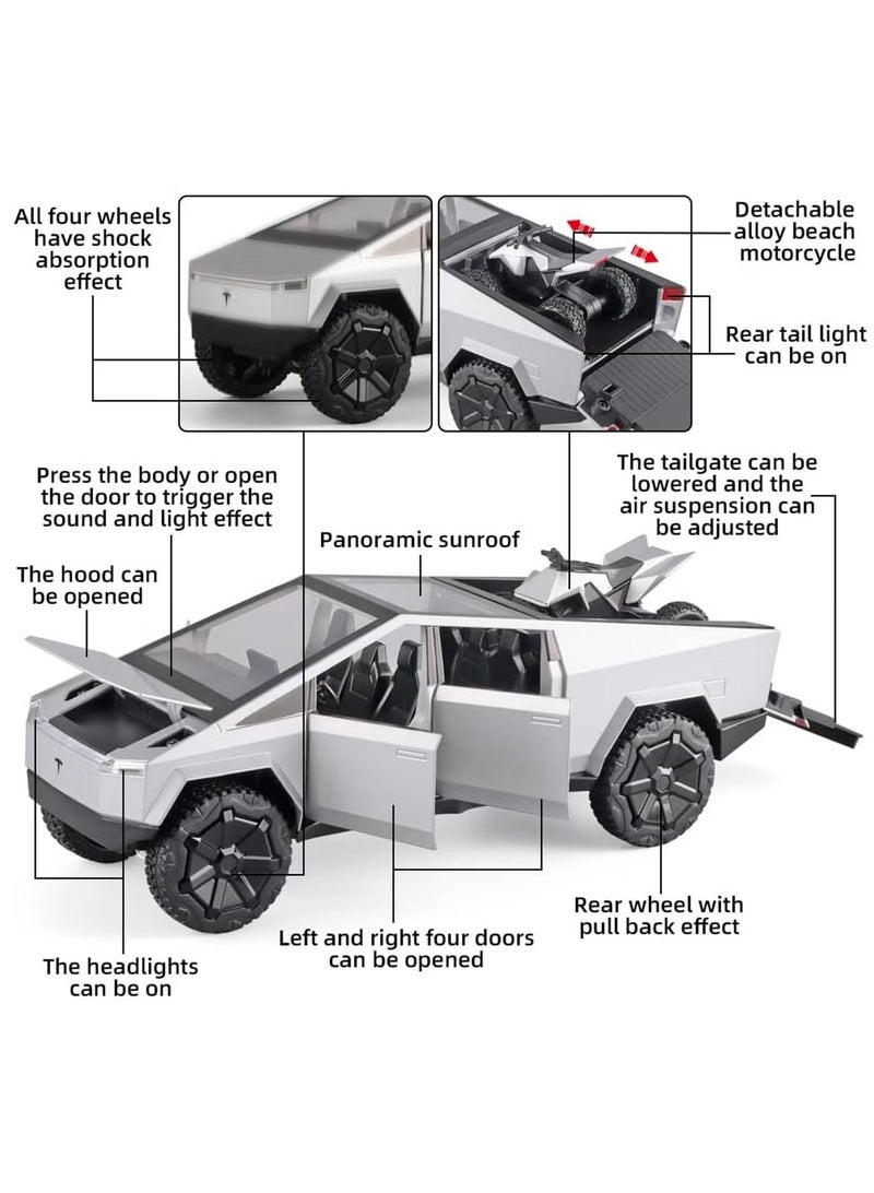 REZZOSS 1:24 Scale Tesla Cybertruck Diecast Metal Model Car Toy with Cyberquad ATV | Pull Back Vehicle with LED Lights & Sound | Collectible Pickup Truck Display | Birthday, Eid, Christmas Gift for Kids & Adults - Image 3