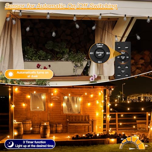 Ollny S11 50FT Outdoor String Lights with Remote, 3 Modes Dimmable Timers Waterproof Connectable Outside Lights, 24+2 LED Spare Bulbs Dusk to Dawn Hanging Light for Yard Balcony Camping Gazebo Garden - Image 3