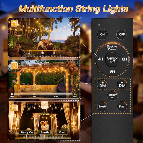 Ollny S11 50FT Outdoor String Lights with Remote, 3 Modes Dimmable Timers Waterproof Connectable Outside Lights, 24+2 LED Spare Bulbs Dusk to Dawn Hanging Light for Yard Balcony Camping Gazebo Garden - Image 2
