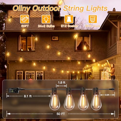 Ollny S11 50FT Outdoor String Lights with Remote, 3 Modes Dimmable Timers Waterproof Connectable Outside Lights, 24+2 LED Spare Bulbs Dusk to Dawn Hanging Light for Yard Balcony Camping Gazebo Garden - Image 5