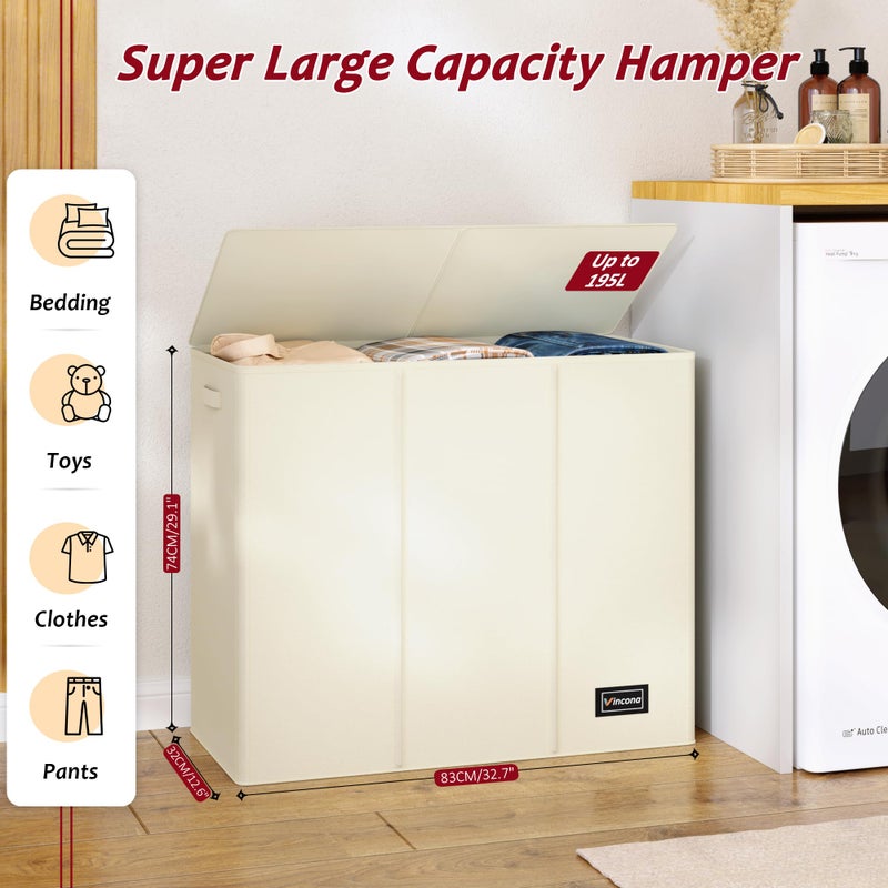 Vincona 195L Laundry Hamper 3 Section,Large Laundry Hamper with Lid,Dirty Clothes Hamper with 3 Inner Bags,Collapsible Laundry Basket Organizer for Laundry Room,Bedroom,Laundry Sorter Hamper 3 Compartment - Image 2