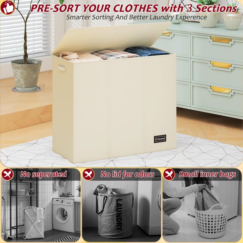 Vincona 195L Laundry Hamper 3 Section,Large Laundry Hamper with Lid,Dirty Clothes Hamper with 3 Inner Bags,Collapsible Laundry Basket Organizer for Laundry Room,Bedroom,Laundry Sorter Hamper 3 Compartment - Image 3