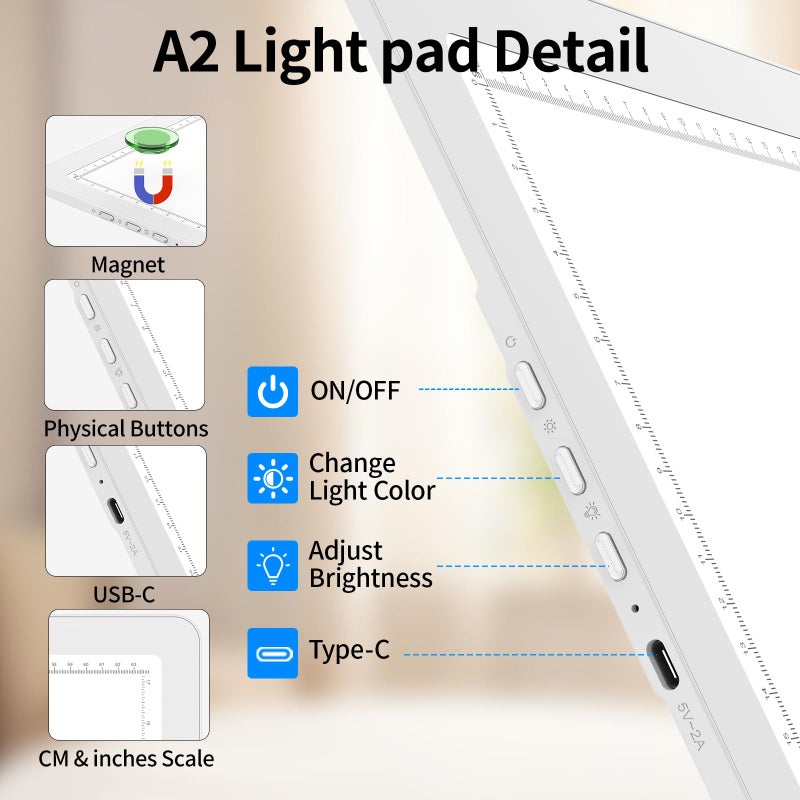 TOHETO A2 Light Pad 25.2''x18.4'', Large Magnetic LED Light Board for Diamond Painting, 3-Color Modes Light Box for Tracing, 6-Level & Stepless Dimmerable Diamond Art Light Table for Drawing,Sketching - Image 5