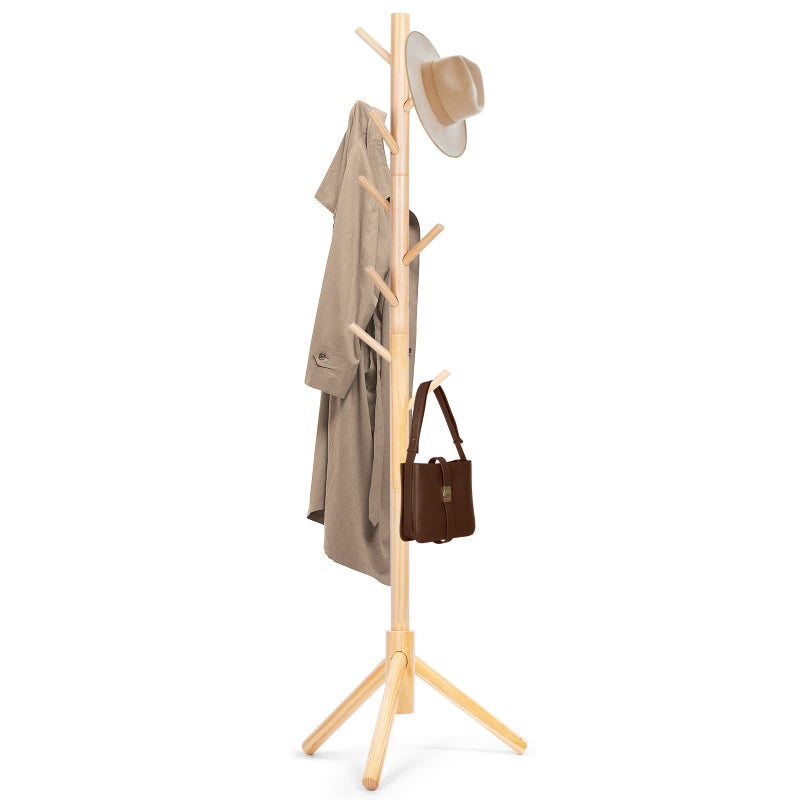 Freyawin Solid Wooden Coat Rack Freestanding, New Zealand Pine Coat Tree with 8 Hooks & 3 Adjustable Sizes for Coats, Hats, Handbags and Scarves, Space Saving for Entryway/Office/Bedroom (Nature) - Image 1