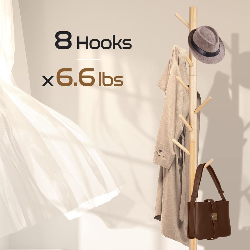 Freyawin Solid Wooden Coat Rack Freestanding, New Zealand Pine Coat Tree with 8 Hooks & 3 Adjustable Sizes for Coats, Hats, Handbags and Scarves, Space Saving for Entryway/Office/Bedroom (Nature) - Image 4