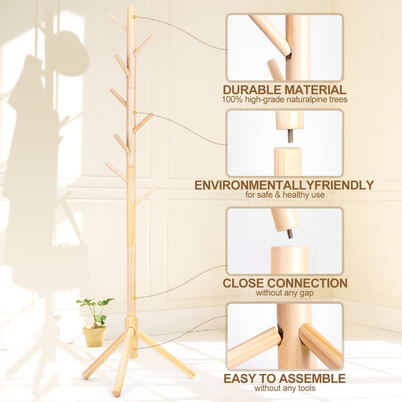Freyawin Solid Wooden Coat Rack Freestanding, New Zealand Pine Coat Tree with 8 Hooks & 3 Adjustable Sizes for Coats, Hats, Handbags and Scarves, Space Saving for Entryway/Office/Bedroom (Nature) - Image 2