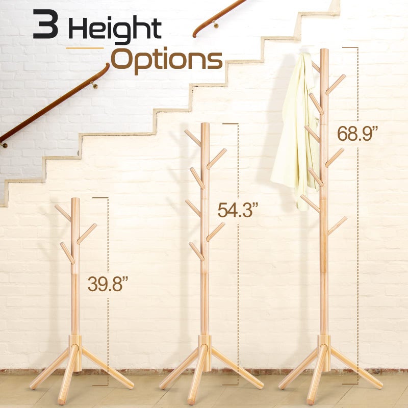 Freyawin Solid Wooden Coat Rack Freestanding, New Zealand Pine Coat Tree with 8 Hooks & 3 Adjustable Sizes for Coats, Hats, Handbags and Scarves, Space Saving for Entryway/Office/Bedroom (Nature) - Image 3