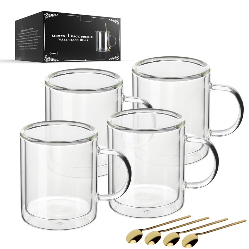 LIBWYS 12oz Double Wall Coffee Mugs (4-Pack) - Insulated Borosilicate Glass Cups with Handle for Espresso, Cappuccino, Latte - Heat Resistant, Dishwasher Safe Hot/Cold Beverage Glasses 350ml - Image 1