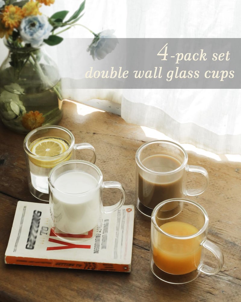 LIBWYS 12oz Double Wall Coffee Mugs (4-Pack) - Insulated Borosilicate Glass Cups with Handle for Espresso, Cappuccino, Latte - Heat Resistant, Dishwasher Safe Hot/Cold Beverage Glasses 350ml - Image 2
