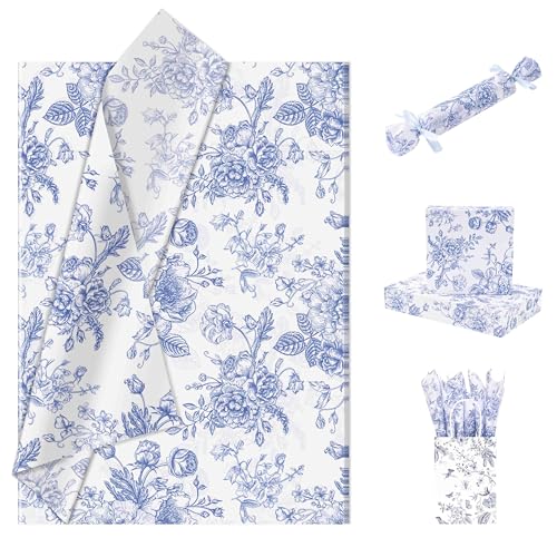 Larcenciel Floral Tissue Paper Bulk Vintage Blue White Flower Tissue Paper for Gift Bags Wrapping Crafts Decoupage Art Packing Supplies for Weddings Birthdays Holidays Decor 30 Sheets 20x14in - Image 1