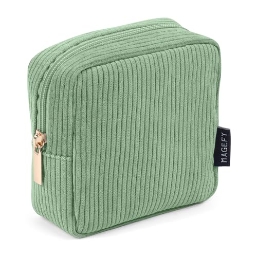 MAGEFY Small Makeup Bag Mini Cosmetics Bag Makeup Bag for Purse Corduroy Cute Cosmetic Pouch for Women with Slip-in Pockets (Green) - Image 1