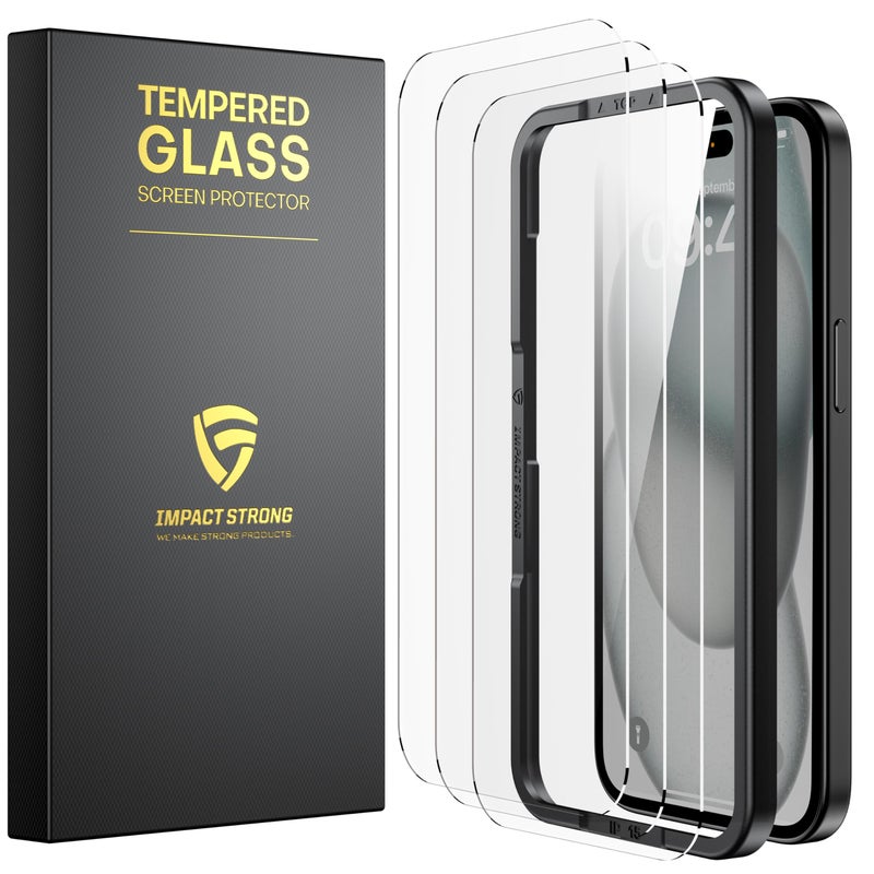 ImpactStrong 3-Pack Shatterproof Tempered Glass Screen Protector for iPhone 15 / iPhone 16 [Easy Installation Frame] [Bubble Free] [9H Hardness] [Full Coverage] Case Friendly, 6.1 Inch - Image 1