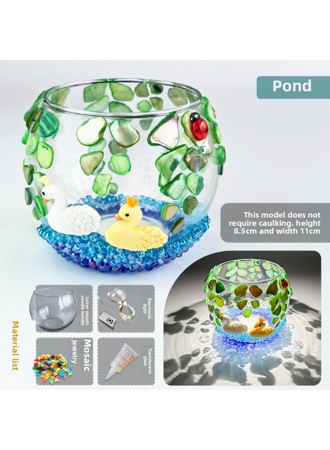 Loquat Handmade DIY Mosaic Lantern Material Bag Thanksgiving Lantern Candlestick Girl Toy Kindergarten Art Table Lamp-Color:Pond 【large Candlestick】 Ultra-thin Highly Transparent Mosaic Material Pack - Image 1