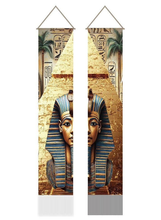 مجموعة من قطعتين من نسيجيات AHANDMAKER، بتصميم فرعون مصري وأهرامات، نسيج طويل عمودي ذو طابع تاريخي قديم، ستارة باب مزينة بشرابة، مناسبة لغرفة النوم وغرفة المعيشة، مقاس 13 × 51 بوصة - Image 1