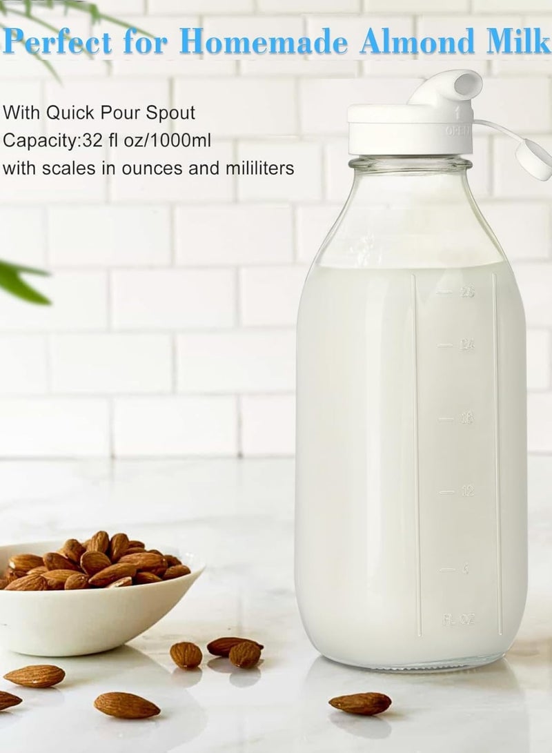 2 Pack 32 Oz Glass Milk Bottles with Pour Spout and Airtight Screw Lids – Heavy Duty Reusable Bottles for Water, Juice, Syrup, Buttermilk – 3 Lids and Writable Labels Included - Image 2