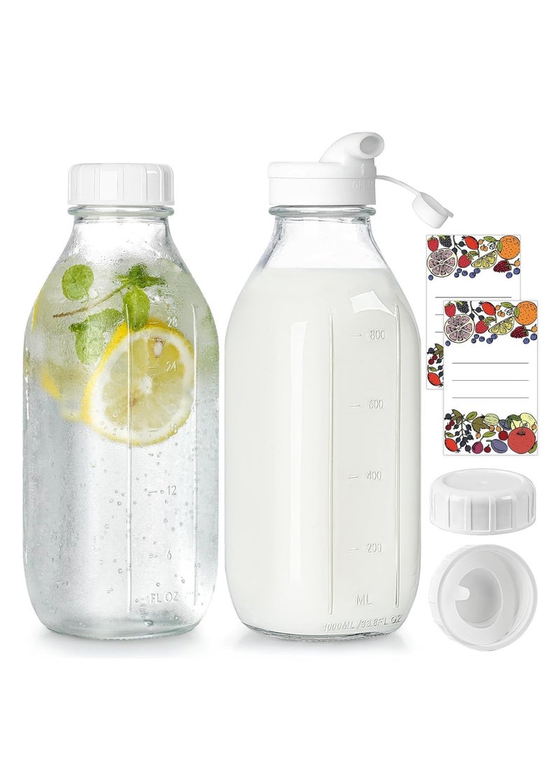 2 Pack 32 Oz Glass Milk Bottles with Pour Spout and Airtight Screw Lids – Heavy Duty Reusable Bottles for Water, Juice, Syrup, Buttermilk – 3 Lids and Writable Labels Included - Image 1