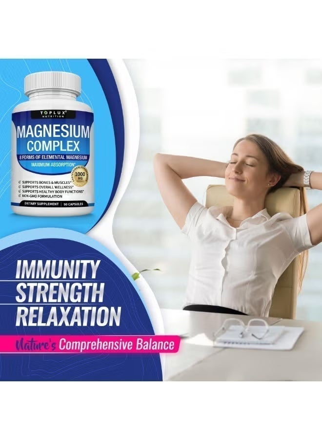 Toplux Magnesium Complex Supplement 8 Elemental Magnesium 1000mg - Magnesium Glycinate, Citrate, Malate, Taurate, Chelated for Easy Absorption for Bones, Muscle, Recovery, Energy, Vegan Non-GMO 90 Capsules - Image 2
