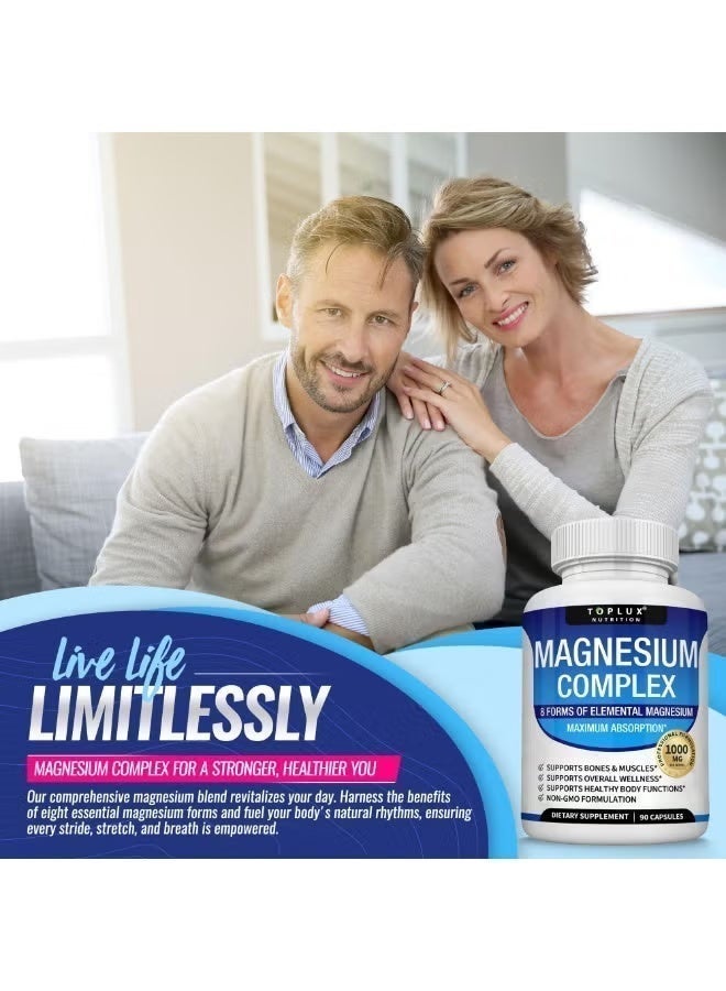 Toplux Magnesium Complex Supplement 8 Elemental Magnesium 1000mg - Magnesium Glycinate, Citrate, Malate, Taurate, Chelated for Easy Absorption for Bones, Muscle, Recovery, Energy, Vegan Non-GMO 90 Capsules - Image 5