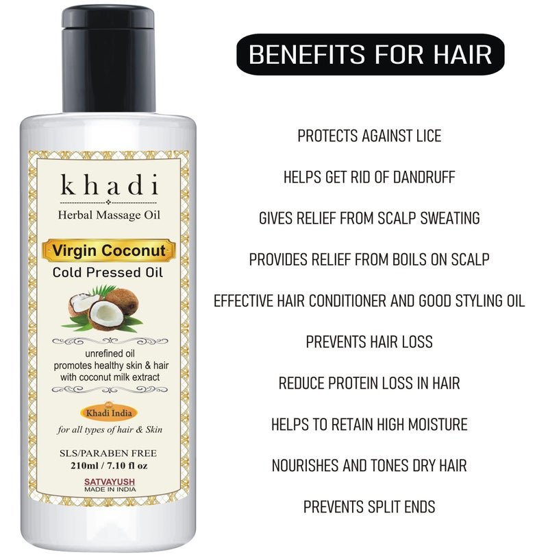 Satvayush Khadi Cold Pressed Coconut Oil - For Skin, Hair Care & Baby Massage Natural Hair Oil - 210 ml (Pack of 1) - Image 3