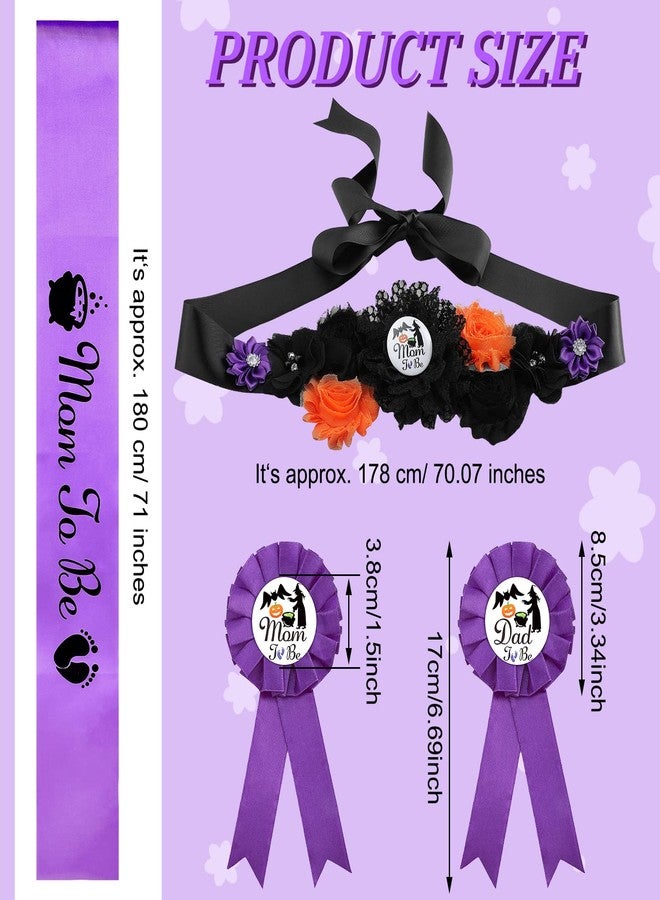 Jiuguva 4 Pcs Halloween Witch Themed Baby Shower Sash, a Baby is Brewing Mom to Be Dad to Be Corsage Pins Pumpkin Bat Maternity Sash for Pregnancy Halloween Gender Reveal Party Decoration - Image 2