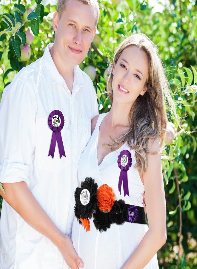 Jiuguva 4 Pcs Halloween Witch Themed Baby Shower Sash, a Baby is Brewing Mom to Be Dad to Be Corsage Pins Pumpkin Bat Maternity Sash for Pregnancy Halloween Gender Reveal Party Decoration - Image 4
