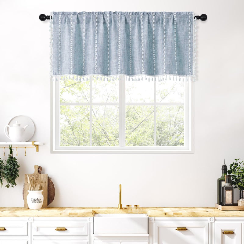 MitoVilla Boho Farmhouse Kitchen Valances for Windows Blue French Country Valance Curtains for Living RoomBedroom Modern Rustic Cotton Linen Tassel Topper Window Curtain 52W x 18L