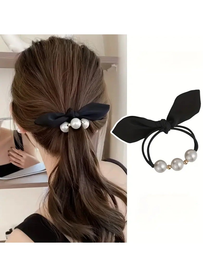 Goolsky 1pc Stylish Twist Black Bow Faux Pearl Hairband - High Elastic Nylon Hair Tie with Preppy Design - Ideal Gift for Women with Long Hair - Image 1
