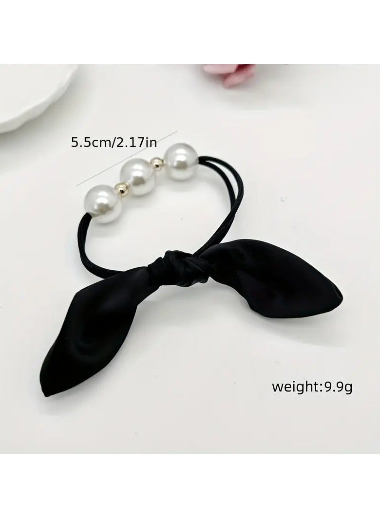 Goolsky 1pc Stylish Twist Black Bow Faux Pearl Hairband - High Elastic Nylon Hair Tie with Preppy Design - Ideal Gift for Women with Long Hair - Image 2